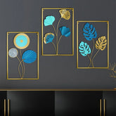 Unique Squre Frame Set of 3 Blue Metal Wall Art